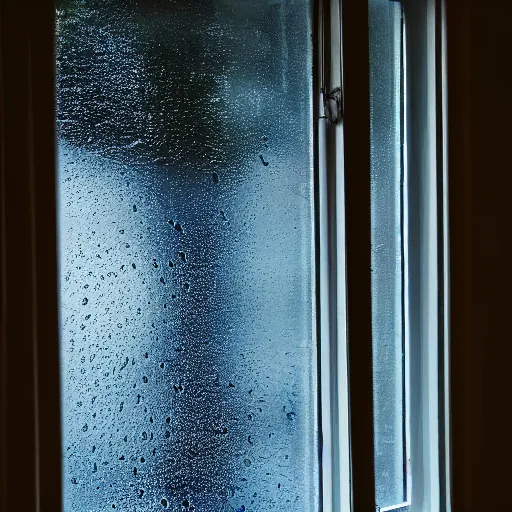 Prompt: photo of dark blue rainy bedroom window at night, creepy man staring in through thr window,