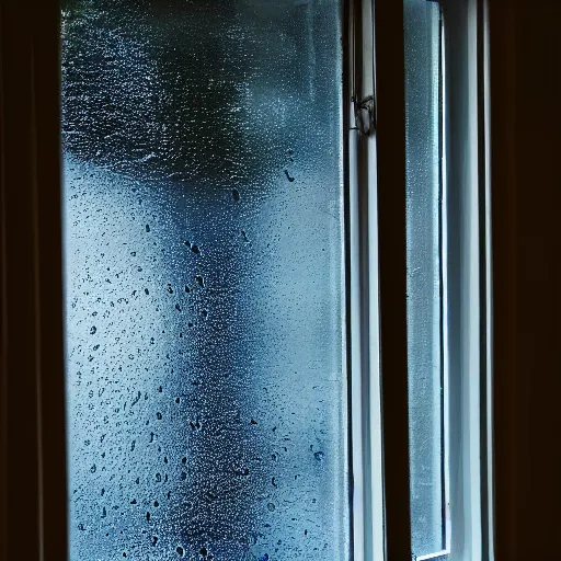 Image similar to photo of dark blue rainy bedroom window at night, creepy man staring in through thr window,