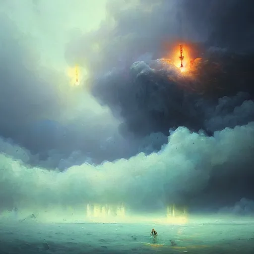 Prompt: ''cinematic shot'' devil fighting god clouds rainny foggy magical particles floating realistic atmosferic made by ivan aivazovsky, peter mohrbacher, greg rutkowski volumetric light effect broad light oil painting painting fantasy art style sci - fi art style realism premium prints available artwork unreal engine