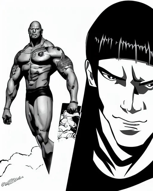 Prompt: Dwayne Johnson in a black and white anime