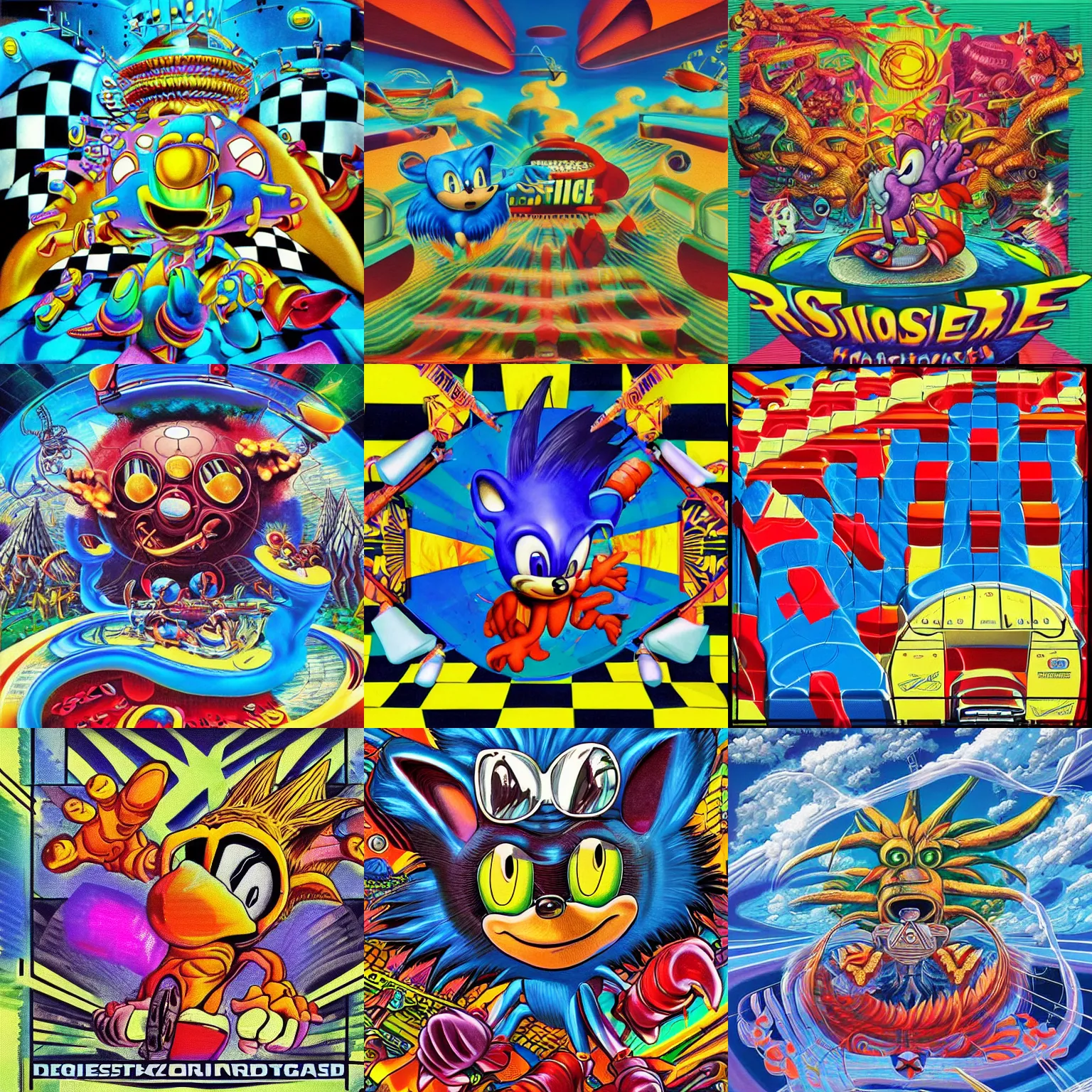Prompt: retro game advertisement in a surreal, faded, detailed professional, totally radical, high quality airbrush art shpongle album cover of a liquid dissolving lsd dmt sonic the hedgehog on a flat blue checkerboard plane, 1 9 9 0 s 1 9 9 2 prerendered graphics raytraced phong shaded album cover