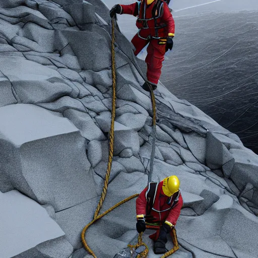 Image similar to rope access technician, extreme cold, cloudy weather, octane render, volumetric lightning, hyperrealistic, cgi, - q 2, 8 k