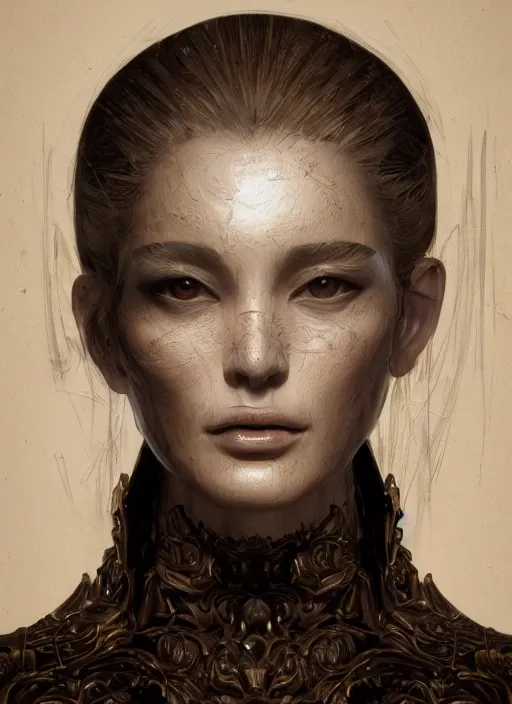 Image similar to sculpture made of wood, portrait, female, future, harper's bazaar, vogue, magazine, intricate, concept art, close up, ornate, luxury, elite, elegant, trending on artstation, by ruan jia, by Kenneth Willardt, by ross tran, by WLOP, by Andrei Riabovitchev,