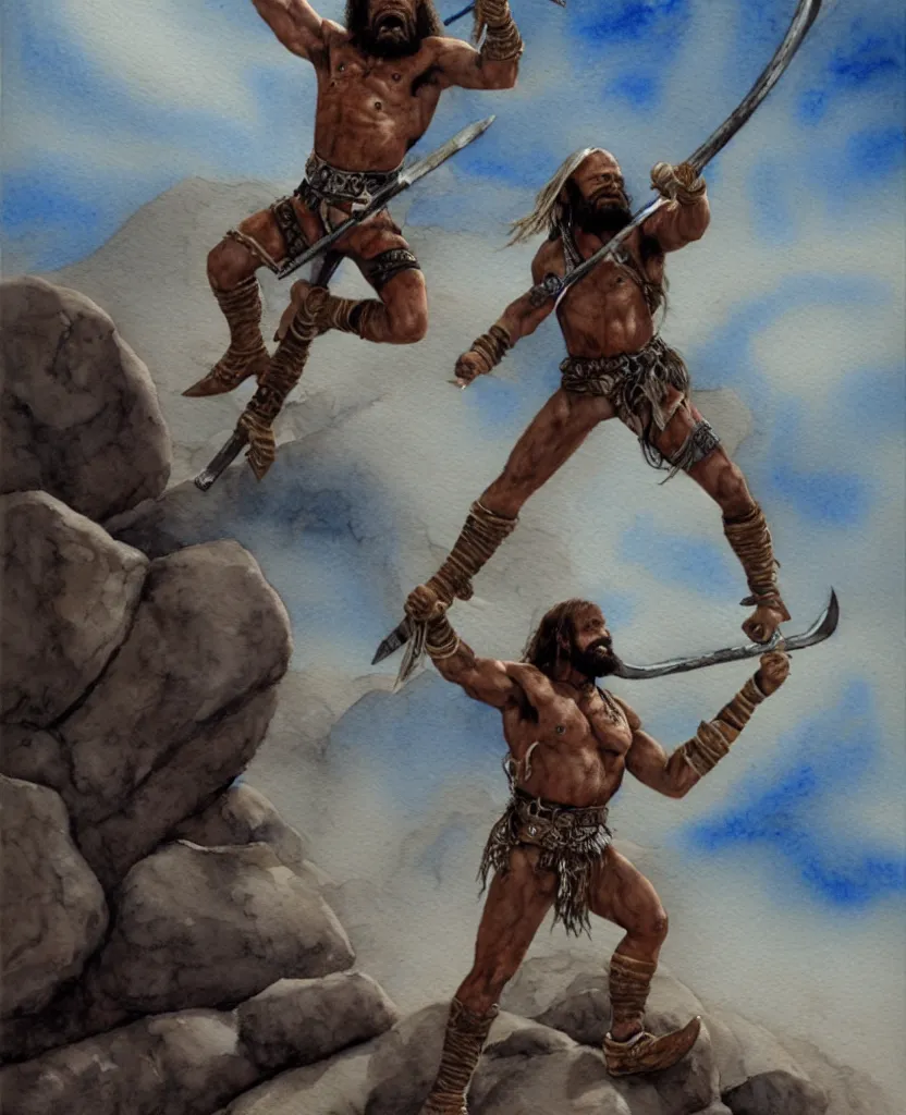 Image similar to randy savage with an anchor weapon slung over his shoulder and foot heroically on a boulder posing in desolate wasteland | fantasy watercolour painting | middle earth | conan | darksun | d & d dungeons and dragons | barbarian