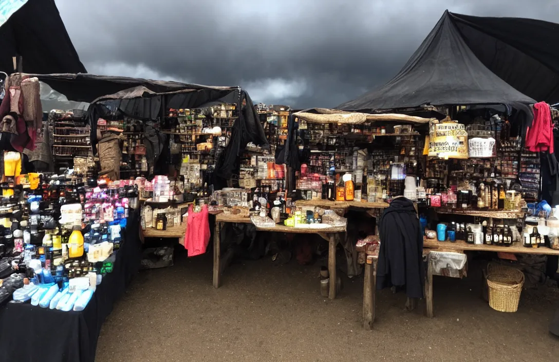 Image similar to market stall in Mordor with dark sky. An orc is selling dark toiletries and body parts