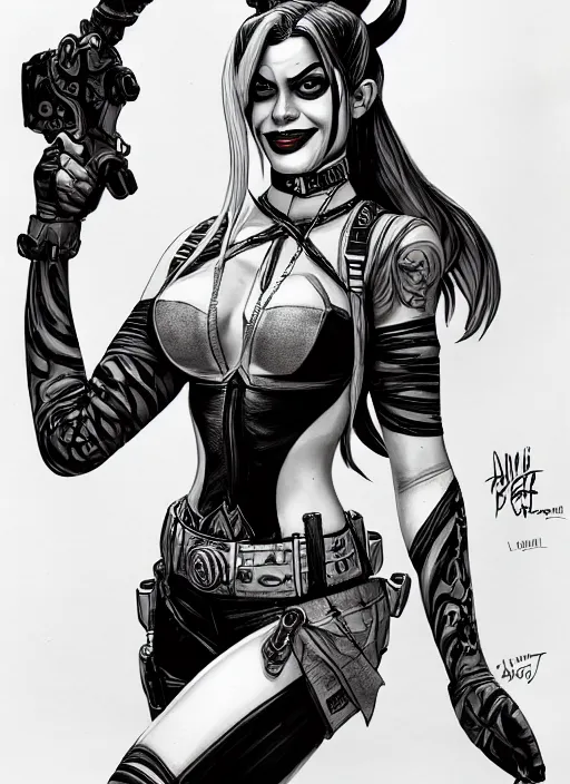 Image similar to concpet art, full shot, traditional ink, sketch, of harley quinn, line sketch, intricate, elegant, highly detailed, monochrome, digital painting, artstation, concept art, sharp focus, illustration, art by borderlands 3 and peter polach