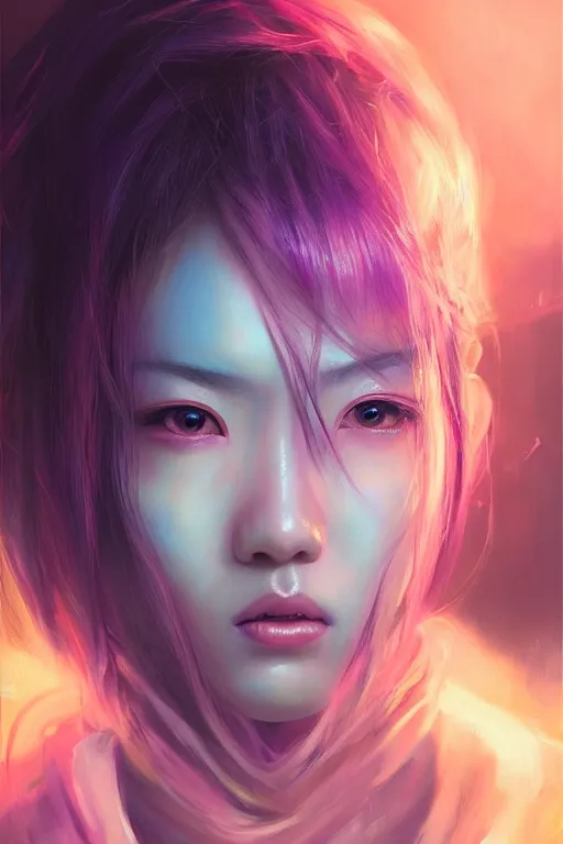 Image similar to stunning highly detailed portrait of a beautiful asian female cyberpunk, soft lighting, pastel neon colors, oil on canvas, strong lighting, by Mandy Jurgens, HD, 4K