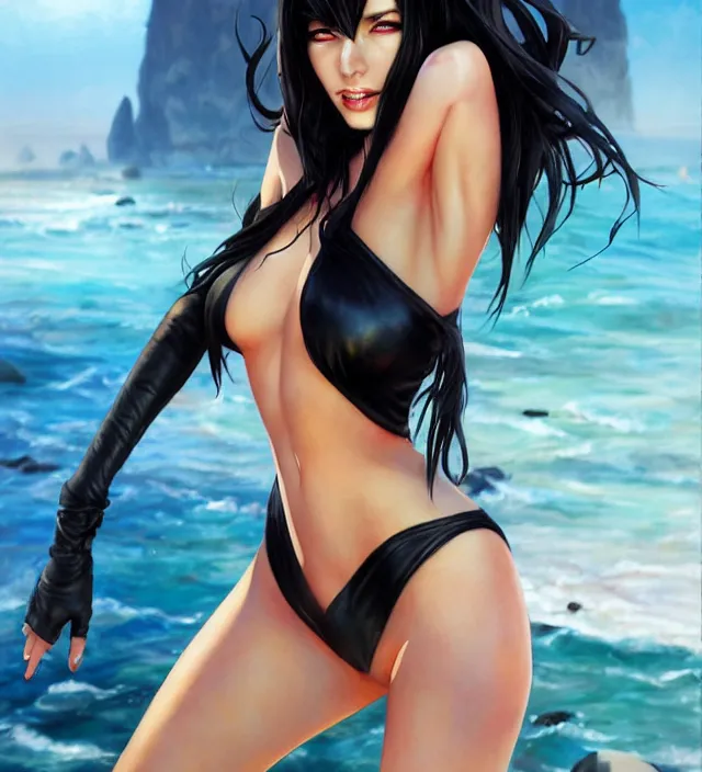 Prompt: portrait of beautiful tall girl cosplay with black hair in bikini without black strong makeup and full body tattooed and high heels and clothes fully on, art by ( ( ( stanley artgerm lau ) ) ) and artgem and wlop and magali villeneuve and karol bak and gennady ulybin and alena aenami