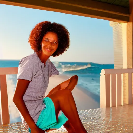 Image similar to a beautiful woman with freckles sitting on the porch, caribbean, golden hour