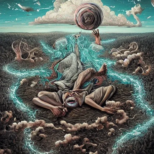 Image similar to insanely surreal depiction of god's having a bad day, hyper detailed by random artists