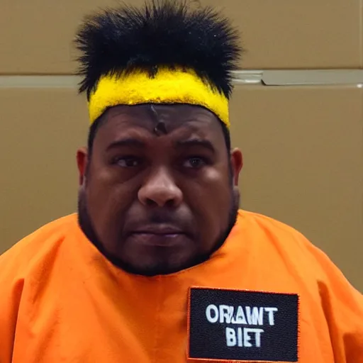 Image similar to inmate with orange suit and wearing a bee head