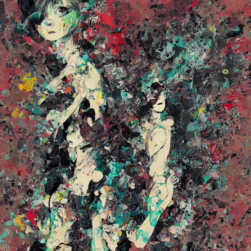 Image similar to girl figure, abstract, jet set radio artwork, ryuta ueda artwork, cryptic, rips, spots, asymmetry, stipple, lines, glitches, color tearing, pitch bending, stripes, dark, ominous, eerie, hearts, minimal, points, otomo katsuhiro artwork, technical, natsumi mukai artwrok, folds