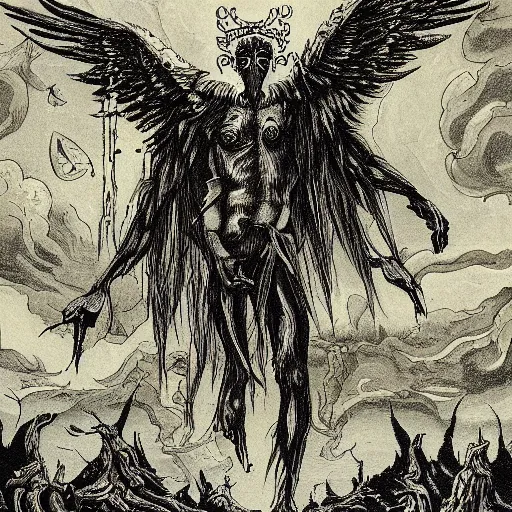 Prompt: gibbon descending from heaven, in the style of deathspell omega's fas album cover, illustration, detailed