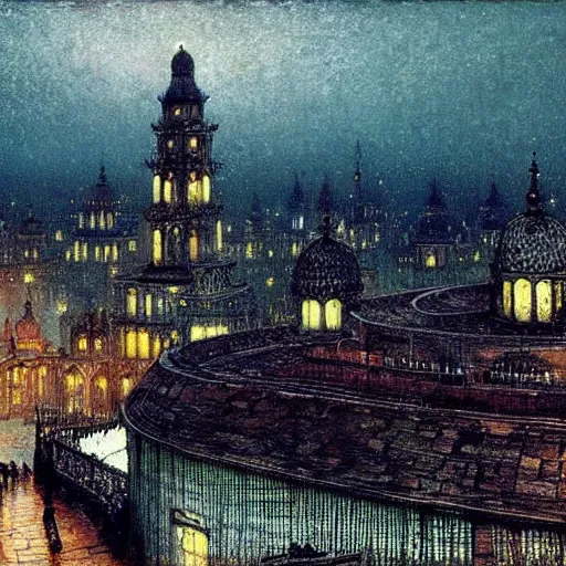 Prompt: peaceful domed city, john atkinson grimshaw