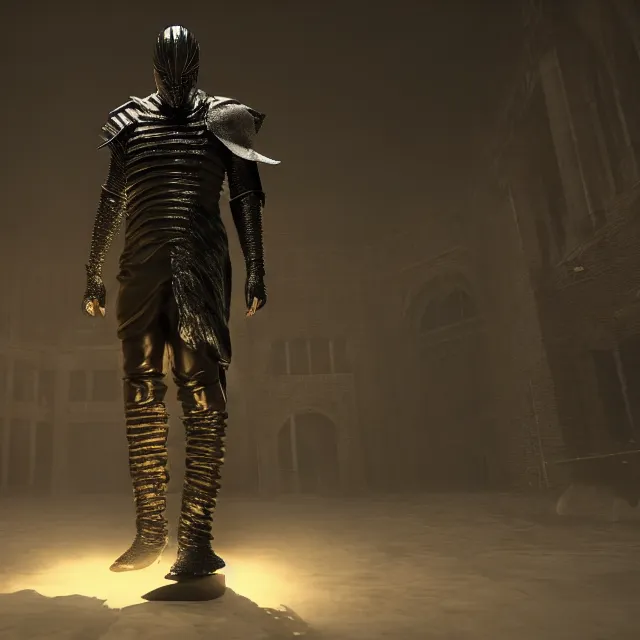 Image similar to kanye yeezus tour with a maison margiela mask reimagined as a boss in dark souls, dark cinematic, volumetric, realistic, cinematic lighting, ray tracing, unreal engine 5, unreal engine render, octane render, hyper realistic, photo, 8 k