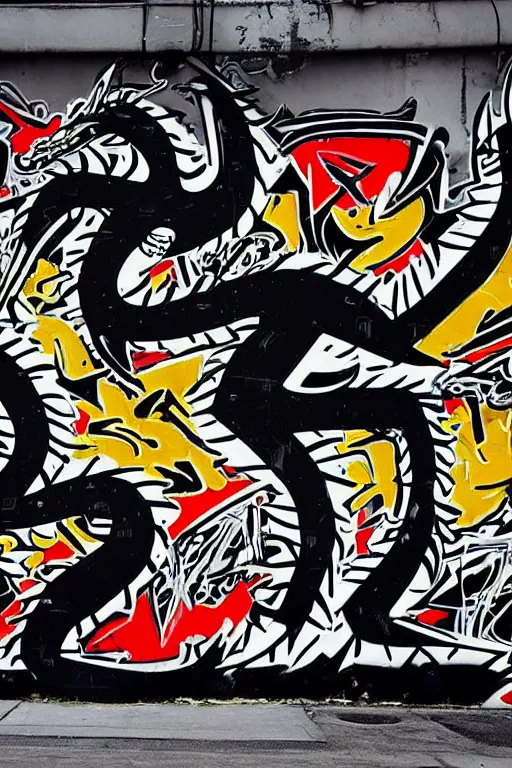 Image similar to a dragon formed by highly stylized letters, font design, wildstyle graffiti, black font on a white wall, beautiful render, stunning, 8 k, basquiat, complex pattern, sharp design, wow, cant believe it is real, street photo