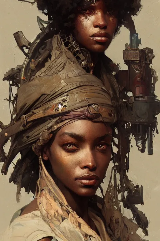 Image similar to A full portrait of a beautiful post apocalyptic African explorer, intricate, elegant, highly detailed, digital painting, artstation, concept art, smooth, sharp focus, illustration, art by Krenz Cushart and Artem Demura and alphonse mucha