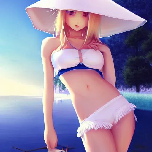 Prompt: tiny father a tall daughter picture : a very beautiful young blond anime girl, sunhat, winter lake setting, sky blue eyes, bikini, white miniskirt, highly detailed, cinematic wallpaper by stanley artgerm lau