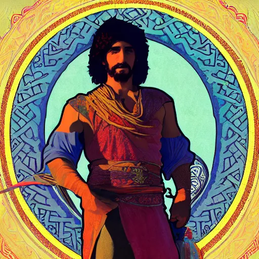 Image similar to an ultra detailed vector image of the prince of persia dressed as bob ross, concept art by alphonse mucha and greg rutkowski, bright red desert sands, bright yellow and red sun, octane render, praise the sun