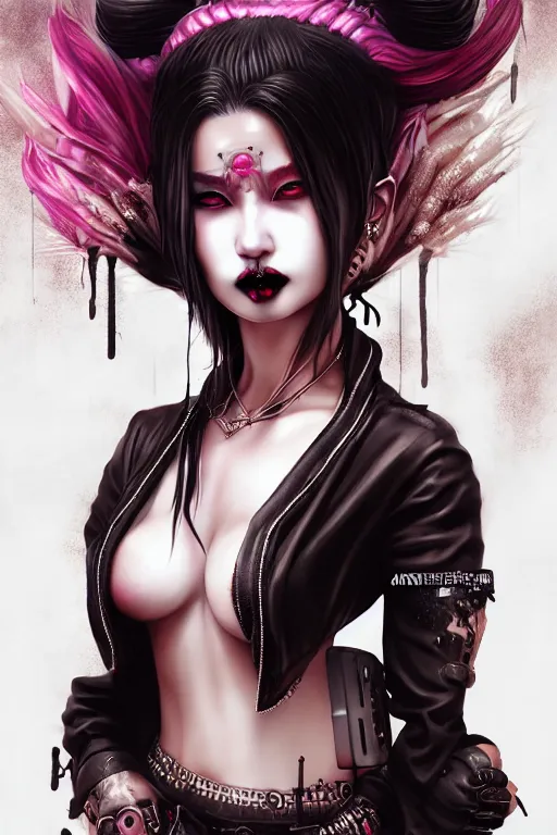 Image similar to soft lustrous ebony geisha goddess yakuza biotech raver gutter punk gothic cyborg, cyberpunk city, urban decay, decay, underworld, dark art, highly detailed, digital painting, octane render, artstation, concept art, smooth, sharp focus, illustration, art by artgerm, loish, wlop