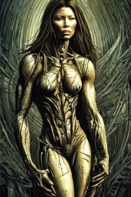 Prompt: painting of Jessica Biel by Simon Bisley, looking shredded from working out, wearing witchblade armor, in the style of HR Giger, insane detail, in the style of Da Vinci, old weathered paper, 8k, runes and glyphs carved into the background