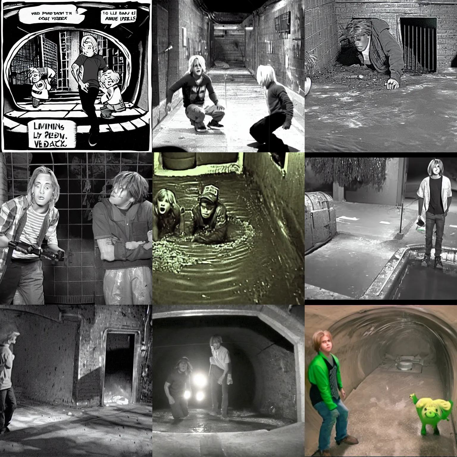 Prompt: Zack and Cody living in the sewer, night vision footage