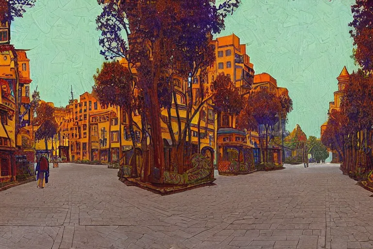 Image similar to tree-lined street in a very old very beautiful city by Gustav Bauernfeind and Nicholas Roerich, ornate wrought iron, strong dramatic cinematic lighting , colorful tiled architecture, lost civilizations, smooth, sharp focus, extremely detailed