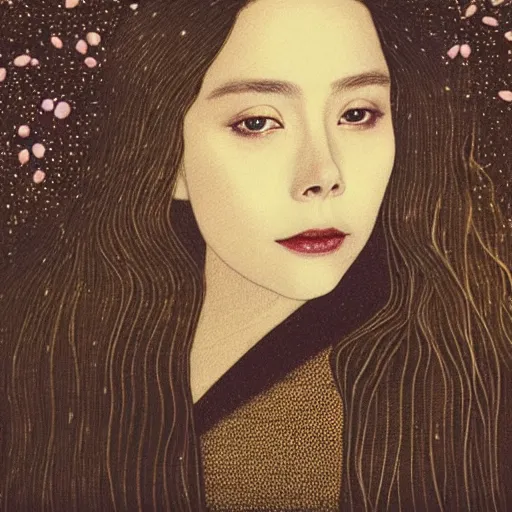 Image similar to “ elizabeth olsen portrait by ikenaga yasunari and ayana otake and ko rakusui, drawing, realistic, sharp focus, japanese, dreamy, nostalgia, faded, golden hues, floral clothes ”