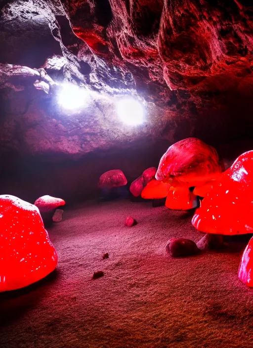 Image similar to photo of cave with giant crystals glowing and giant red mushrooms, realistic, sharp focus, 8 k high definition, insanely detailed, intricate, elegant