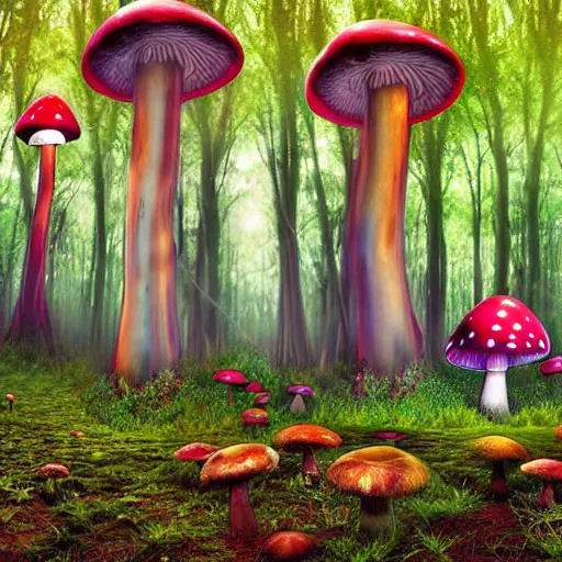 Prompt: psychedelic forest with large mushrooms, mystical, realism, photo, shaman n - 9