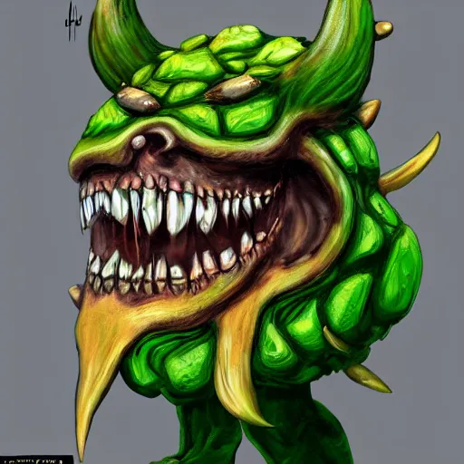 Prompt: Plant monster with a menacing smile and amber teeth, green body, semi realistic, trending on art station