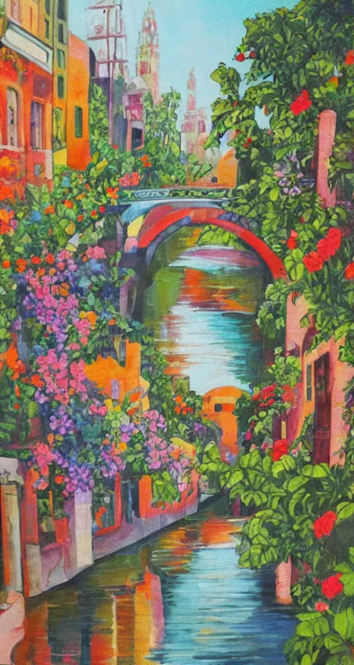 Prompt: city filled with plants, flowers and canals, art deco painting