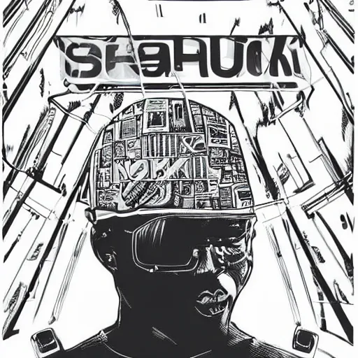 Image similar to Illustrated by Shepard Fairey and Moebius | Cyberpunk Tupac Shakur with VR helmet, surrounded by cables