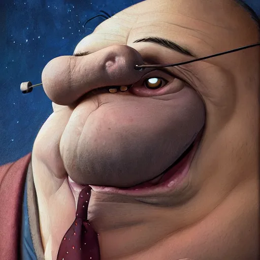 Prompt: hyper realistic, close up portrait of a mega derpy mr. bean, big chungus, with a pinnochio nose, smoking massive amounts of weed by greg rutkowski, scott m fischer, artgerm, loish, slight glow, atmospheric, anne stokes, alexandros pyromallis, 4 k, 8 k