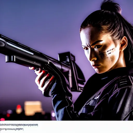 Image similar to photographic portrait of a techwear woman holding a shotgun, holding shotgun down, closeup, on the rooftop of a futuristic city at night, sigma 85mm f/1.4, 4k, depth of field, high resolution, full color, award winning photography, inspired by Kill Bill, inspired by John Wick, inspired by Die Hard, movies with guns, movie firearms