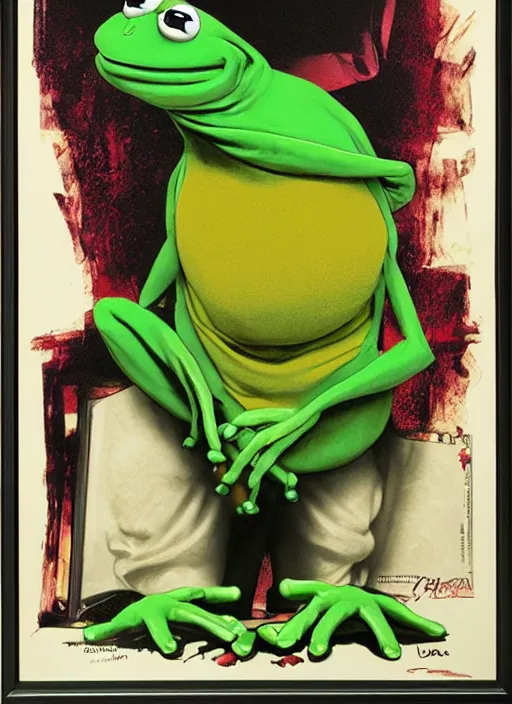 Image similar to poster artwork by Drew Struzan, Drew Struzan of portrait of Kermit the Frog, from scene from Pulp Fiction