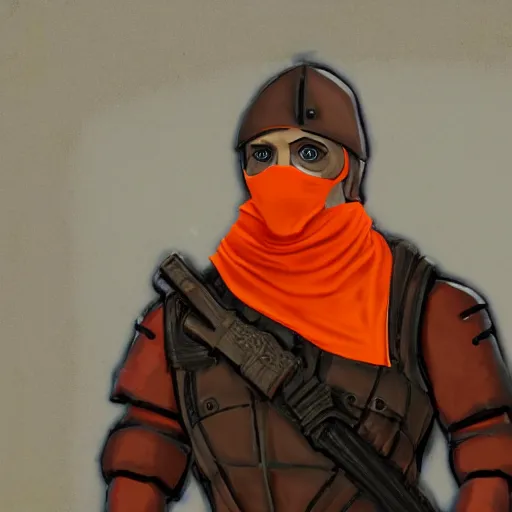 Prompt: a knight wearing an orange bandana scarf and holding a pistol, photorealistic