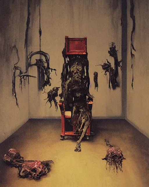 Prompt: dark figure seated on a throne in a decayed and ruined slaughterhouse cooler room in the style of Francis Bacon and Syd Mead and Norman Rockwell and Beksinski, hanging beef carcasses, slaughterhouse, open ceiling, highly detailed, painted by Francis Bacon and Edward Hopper, painted by James Gilleard, surrealism, airbrush, very coherent, triadic color scheme, art by Takato Yamamoto and James Jean
