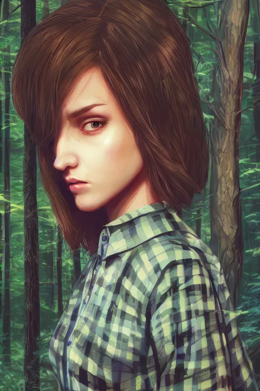 Prompt: woman in a dark forest, detailed plaid miniskirt, beautiful realistic face, detailed eyes, trending on artstation, by dan mumford, anime style, octane render, detailed close body