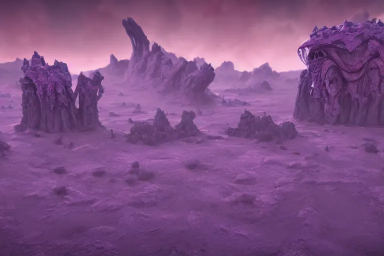 Image similar to a grotesque alien landscape, purple sky and weird alien structures, cinematic, unreal engine 5