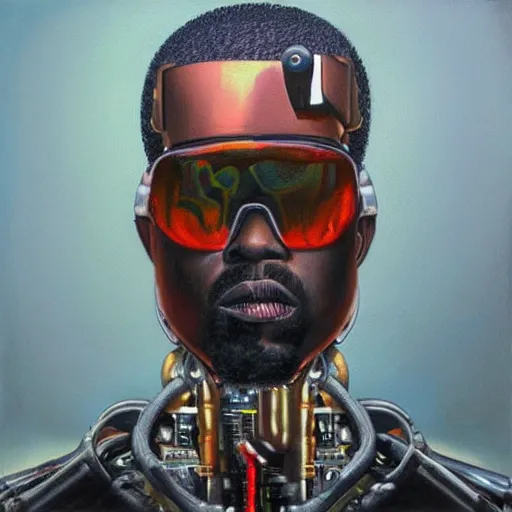 Image similar to a realistic oil painting of a cybernetic kanye west cyborg, surrealism portrait, post apocalyptic album cover