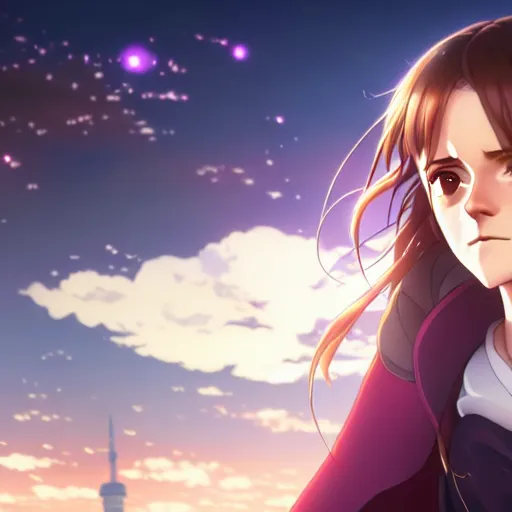 Prompt: portrait emma watson in heavens feel movie, tokyo, ufotable, kyoani, high quality, key visual, cinematic, city background, night time, rooftop, fate stay night, unlimited blade works, greg rutkowski, high resolution, street clothes, anime, high budget