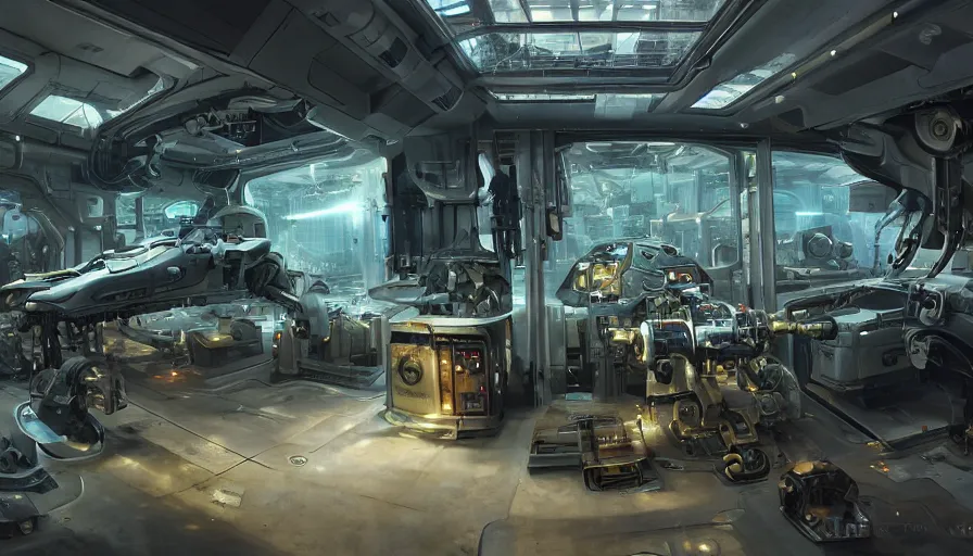 Image similar to the inside of a futuristic mechanic spaceshop coc, highly detailed interior, half - finished robot, holographic screen in center frame by peter mohrbacher, dieselpunk, firefly, cryengine render, hyper realism, realistic shading, cinematic composition, realistic render, octane render, detailed textures, photorealistic, wide shot, fanciful, colorful