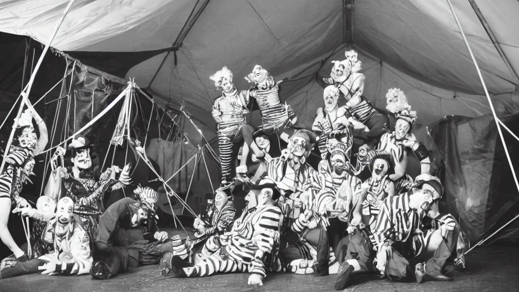 Image similar to of a gang of circus clowns, drinking alcohol, inside a circus tent