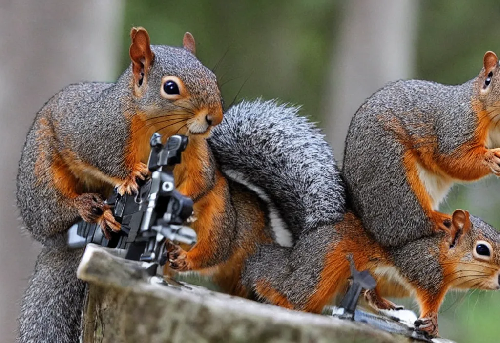 Image similar to genetically modified squirrels with guns hold a bank hostage