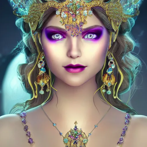 Image similar to portrait of princess of amethyst, glowing, ornate and intricate jewelry, jaw dropping beauty, glowing background lighting, white accent lighting, hyper detailed, fairy tale, 4 k octane render