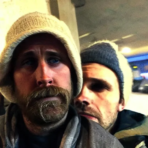 Image similar to this homeless man looks like ryan gosling if he was poor asf, accidentally taking a selfie, front camera, camera flash is so bright in his face, viral, selfie, viral on twitter, viral on instagram, viral photo