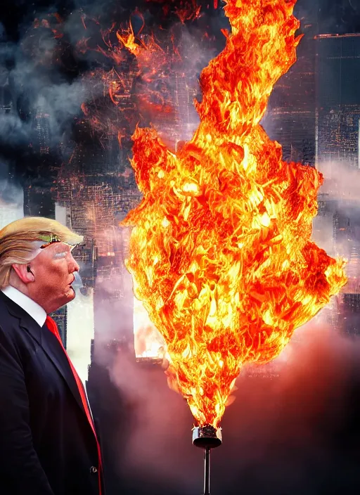 Image similar to a beautiful photo of donald trump burning his own money, intricate details, photography, volumetric light, 8 k