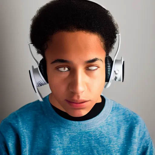 Prompt: multiracial teenager wearing headphones looking bored, natural light, magazine photo, 5 0 mm lens