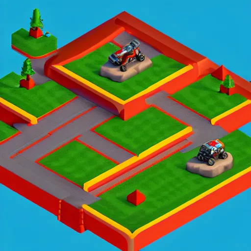 Image similar to isometric top-down Ivan Ironman Stewart's Super Off Road game, isometric, arcade, High Resolution Textures, volumetric lighting, Unreal Engine, 4K, RTX on.